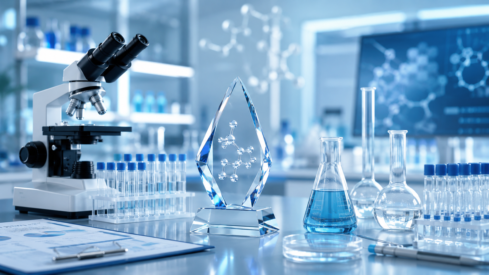 Crystal award with molecular structure representing medical excellence